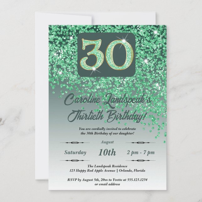 Invitation Falling Green Parties scintillant 30th Birthday Pa (Devant)
