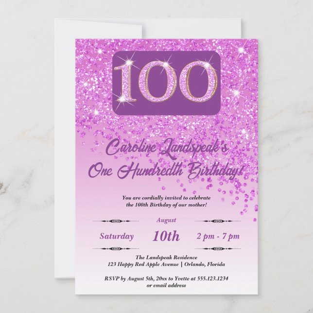 Invitation Falling Pink Parties scintillant 100th Birthday Pa (Devant)