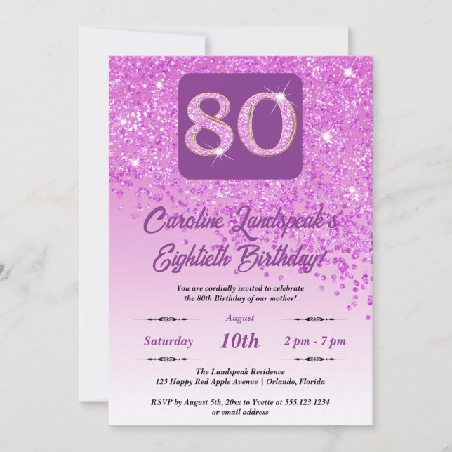 Invitation Falling Pink Parties scintillant 80th Birthday Par (Devant)