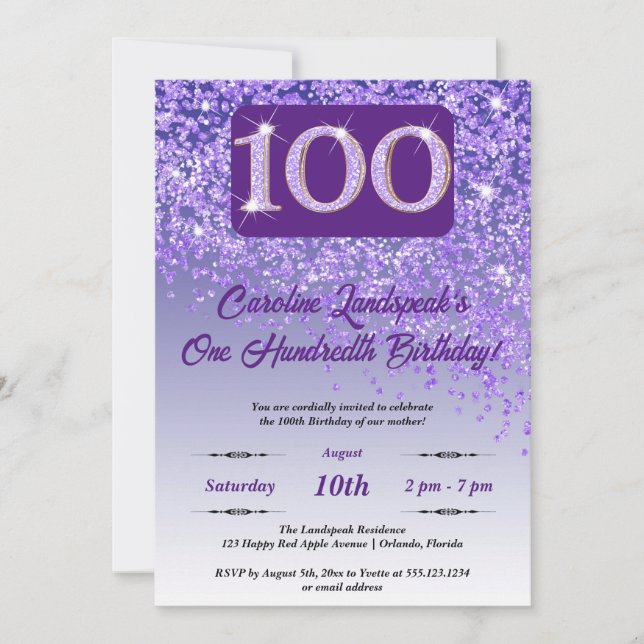 Invitation Falling Purple Parties scintillant 100th Birthday  (Devant)