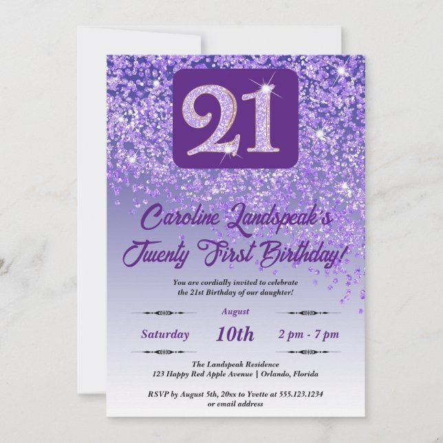 Invitation Falling Purple Parties scintillant 21e fête d'anni (Devant)