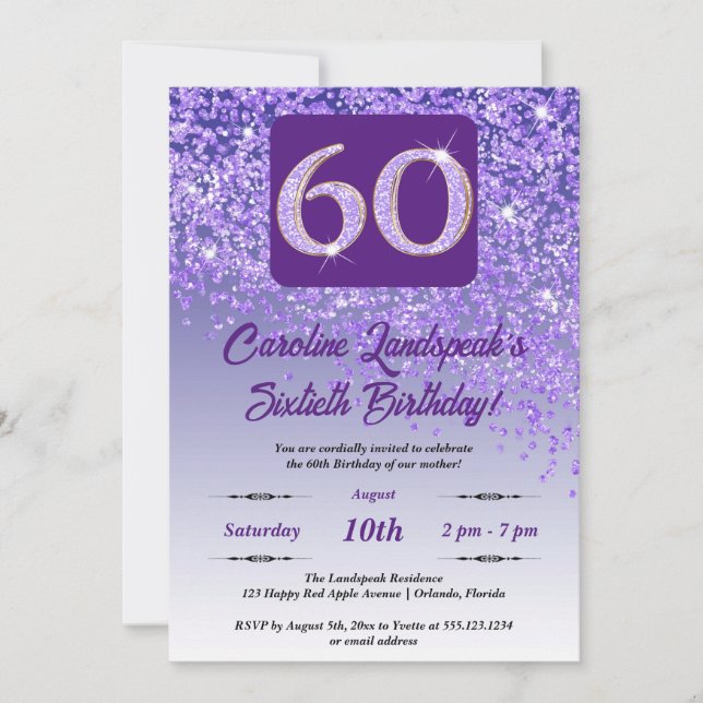 Invitation Falling Purple Parties scintillant 60th Birthday P (Devant)