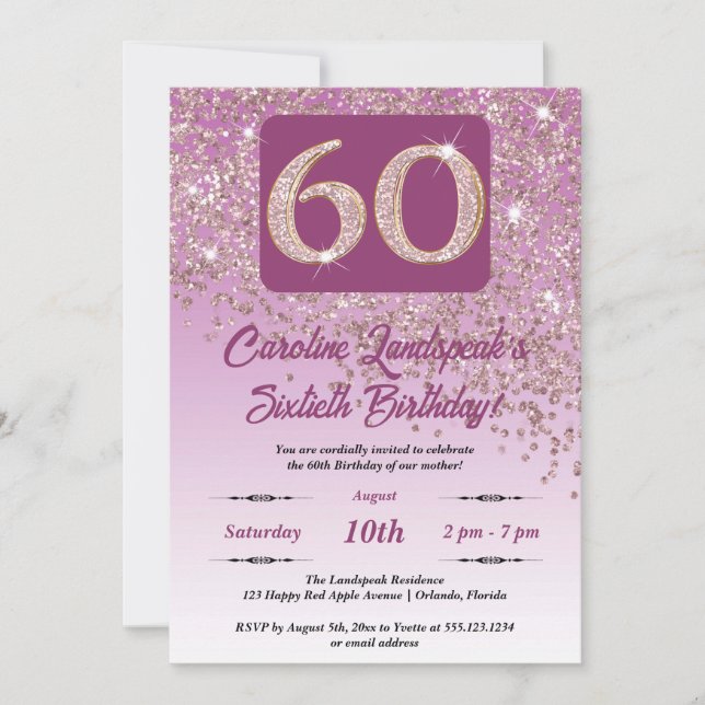 Invitation Falling Rose Gold Parties scintillant 60th Birthda (Devant)
