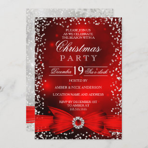 Invitation Falling Snow Red White Bow Christmas Party