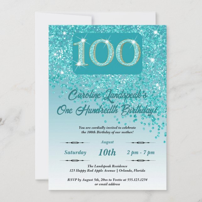 Invitation Falling Turquoise Blue Parties scintillant 100th B (Devant)