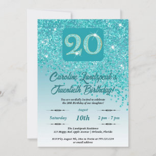 Invitation Falling Turquoise Blue Parties scintillant 20th Bi