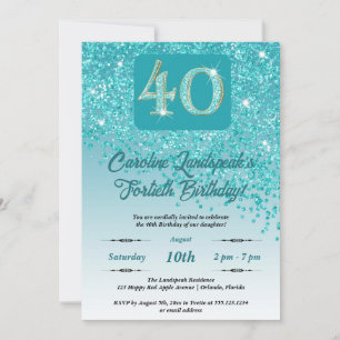 Invitation Falling Turquoise Blue Parties scintillant 40th Bi