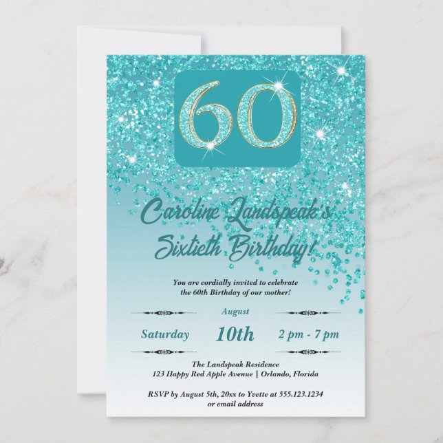Invitation Falling Turquoise Blue Parties scintillant 60th Bi (Devant)