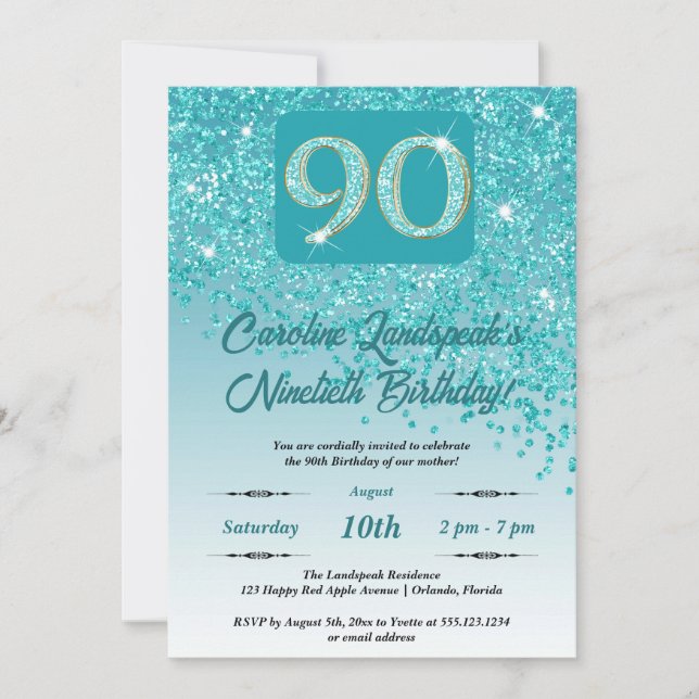 Invitation Falling Turquoise Blue Parties scintillant 90th Bi (Devant)