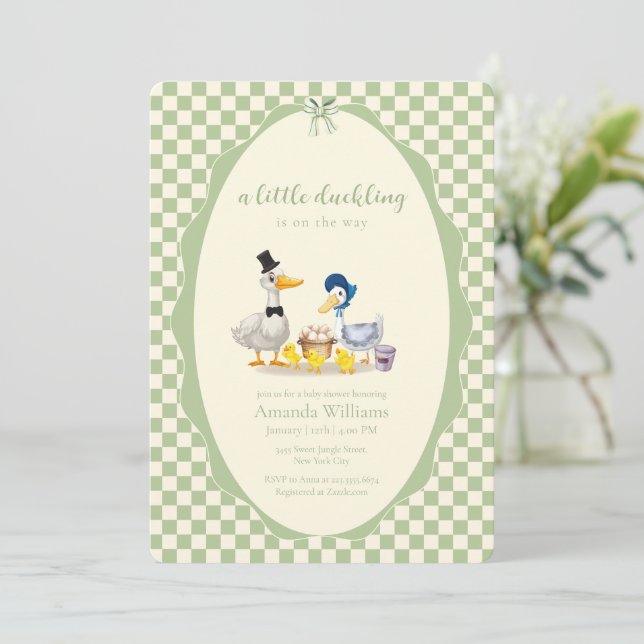 Invitation Famille de petits canards Gingham Baby Shower (Debout devant)