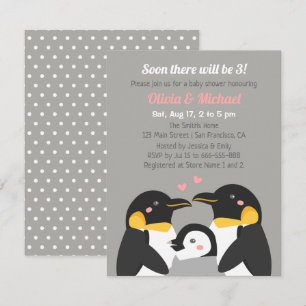 Invitation Famille De Pingouins De Trois Baby showers Gris