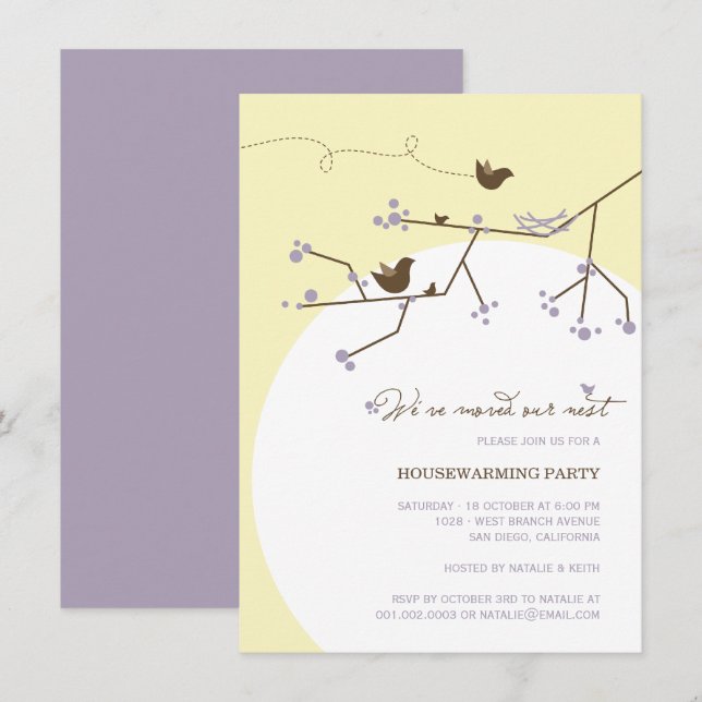 Invitation Famille d'oiseaux Nous avons déménagé la fête de r (Devant / Derrière)