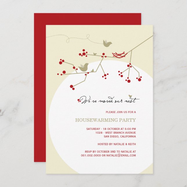 Invitation Famille d'oiseaux Nous avons déménagé la fête du r (Devant / Derrière)