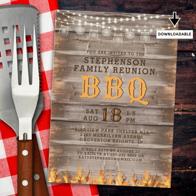 Invitation Famille Réunion BBQ Rustique Bois Chaîne Lumières (Créateur téléchargé)