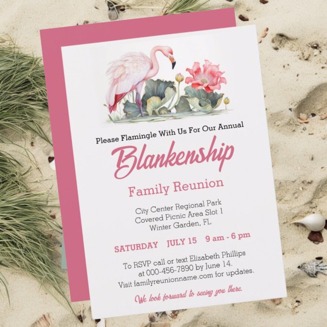Invitation Famille Réunion Flamant rose Art Un Jour Événement (Front tropical family reunion template with pink back)