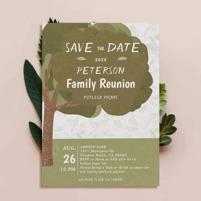 Invitation Famille Réunion Potluck Pique-Nique Printemps Été  (family reunion invitation potluck picnic cute illustration watercolor modern simple fun tree)