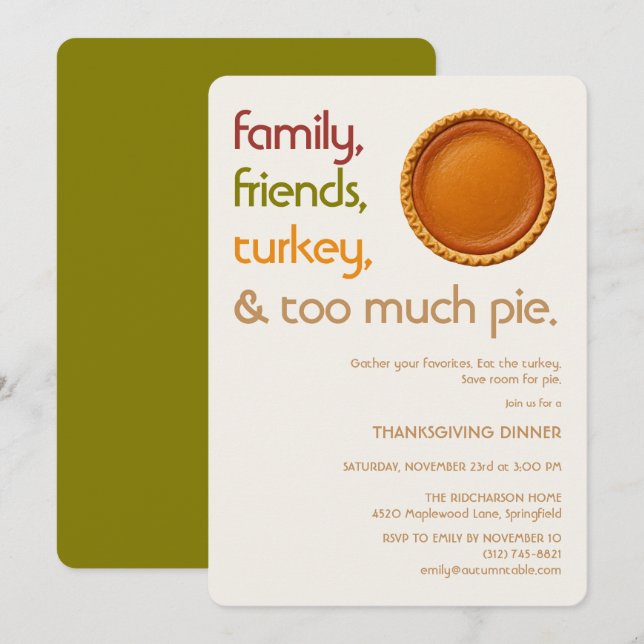 Invitation Family, Friends, Turkey, Pie Modern Thanksgiving (Devant / Derrière)
