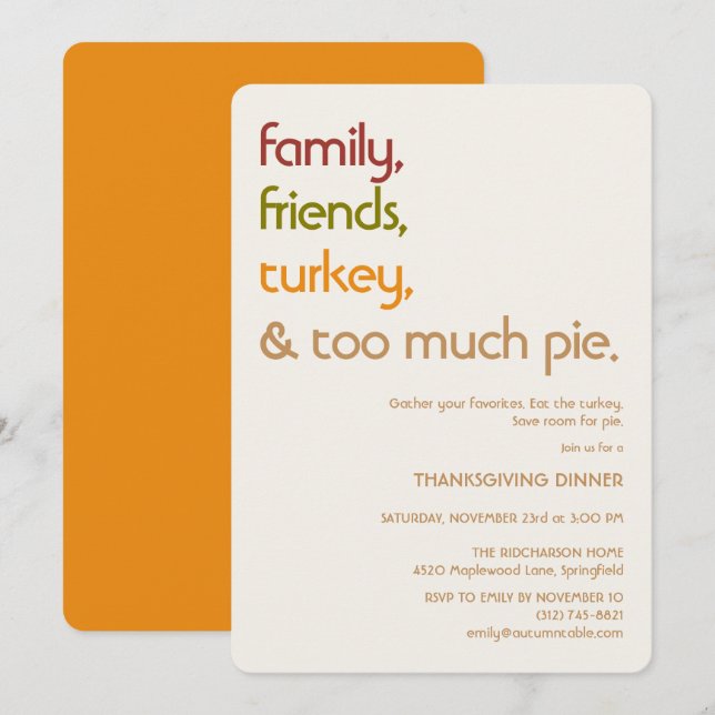 Invitation Family, Friends, Turkey, Pie Modern Thanksgiving (Devant / Derrière)
