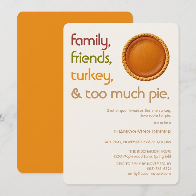Invitation Family, Friends, Turkey, Pie Modern Thanksgiving (Devant / Derrière)