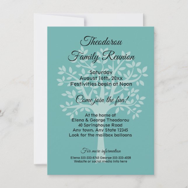 Invitation Family Tree Turquoise Green Family Reunion Invitat (Devant)