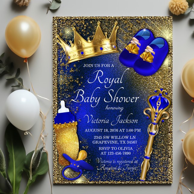 Invitation Fancy Baby Shower Prince Bleu Royal  (Royal blue gold prince baby shower with royal baby things on beautiful royal blue gold background.)