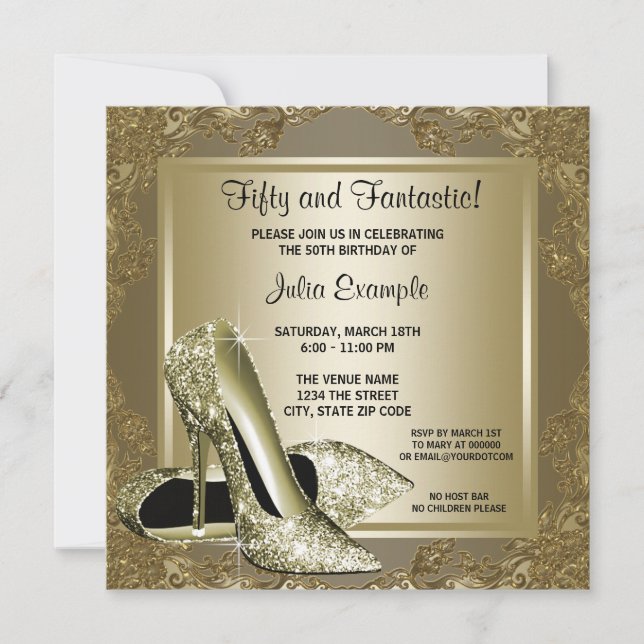 Invitation Fancy Black Gold High Heel Fête d'anniversaire des (Devant)