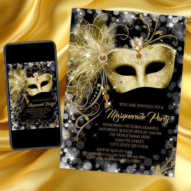 Invitation Fancy Black Gold Parties scintillant Masquerade Pa (Elegant black and gold masquerade party invitation with gold jewel mask. Instant download and print.)