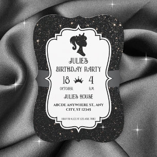 Invitation Fancy Black pailletés poupée anniversaire 