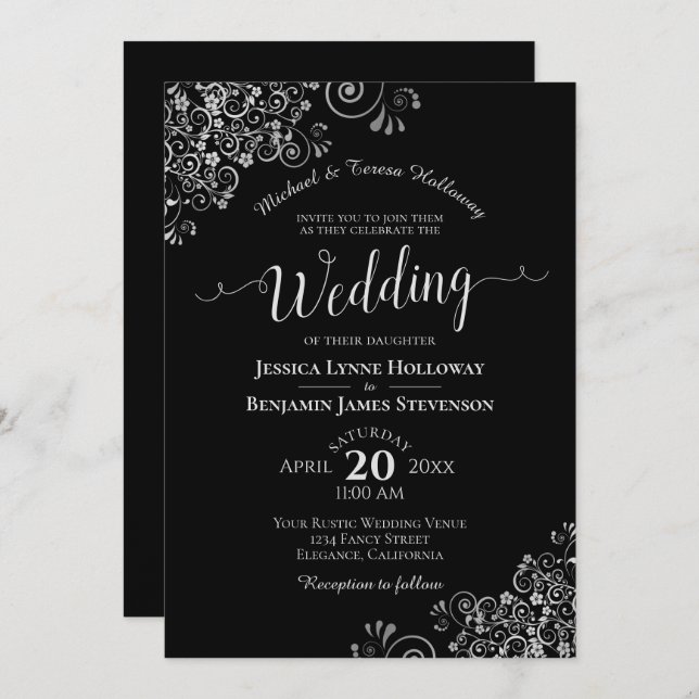 Invitation Fancy Black & Silver Élégant Mariage formel (Devant / Derrière)