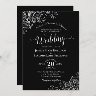 Invitation Fancy Black & Silver Élégant Mariage formel