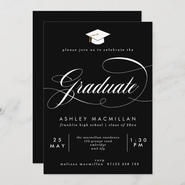 Invitation Fancy Black & White Graduation Party (Devant / Derrière)