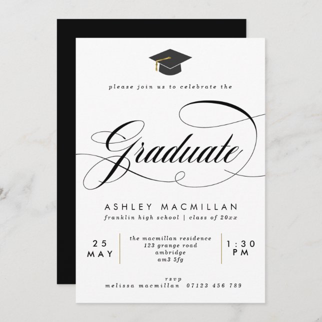 Invitation Fancy Black & White Graduation Party (Devant / Derrière)