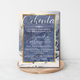 Invitation Fancy Blue Gold Tea Party espagnole 80e anniversai