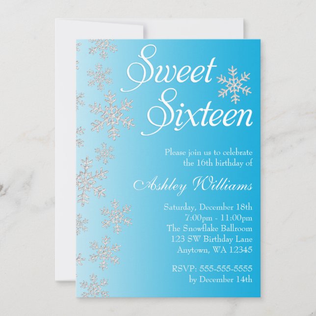 Invitation Fancy Blue Snowflakes Winter Wonderland Sweet 16 (Devant)
