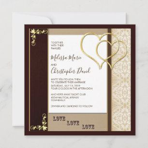 Invitation Fancy Brown et Mariage or avec Coeurs