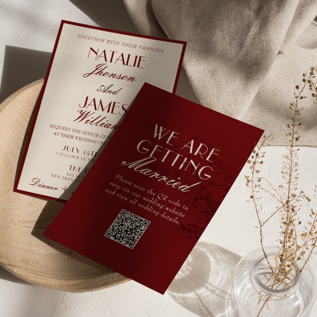 Invitation Fancy Burgundy Cream Old Money QR Code Wedding (Créateur téléchargé)