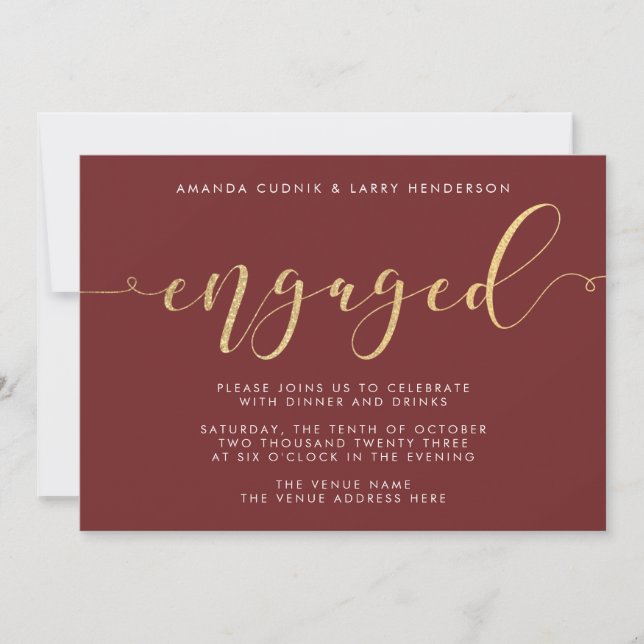 Invitation Fancy Burgundy & Gold Engagement Party (Devant)
