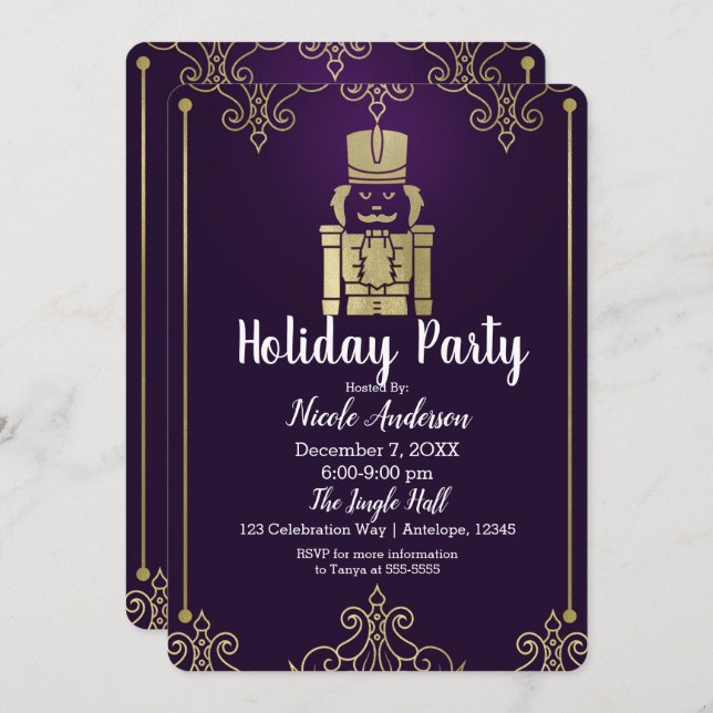Invitation Fancy Elegant Gold Purple Nutcracker Fête de vacan (Devant / Derrière)