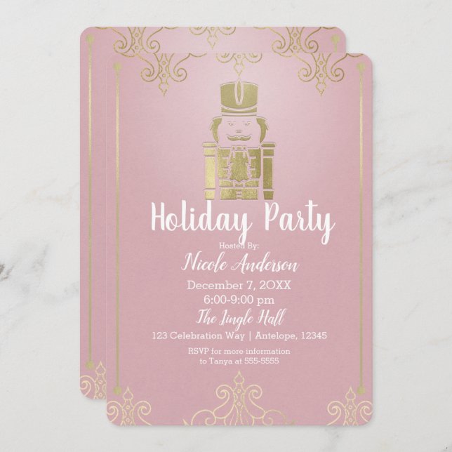 Invitation Fancy Elegant Rose & Gold Nutcracker Fête de vacan (Devant / Derrière)