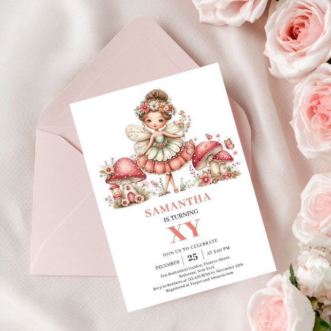 Invitation Fancy Fairy 4e Anniversaire Fleurie Ros (Fancy Fairy 4th Birthday Pastel Pink Floral Invite)