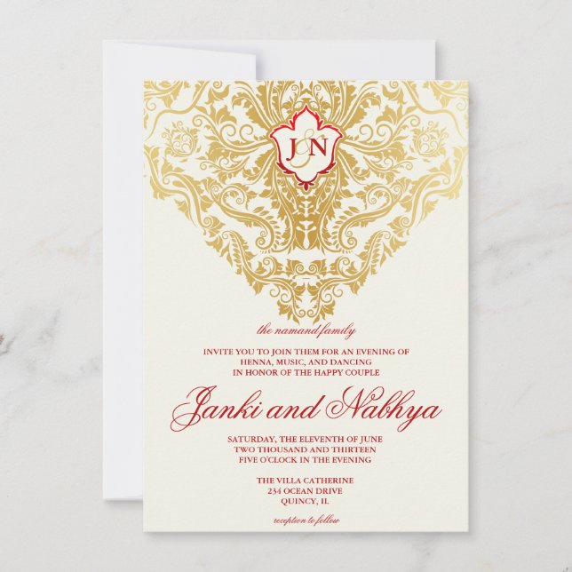 Invitation Fancy Flourds Mariage arabe indien d'or (Devant)