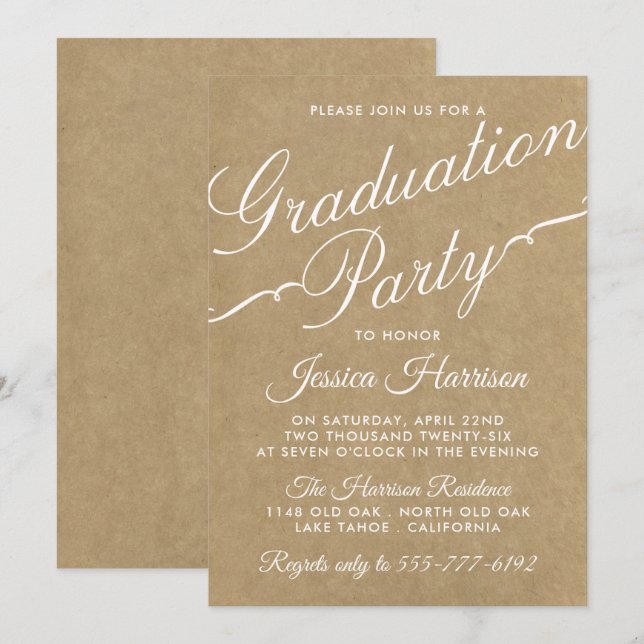 Invitation Fancy Kraft Typography Graduation Party (Devant / Derrière)