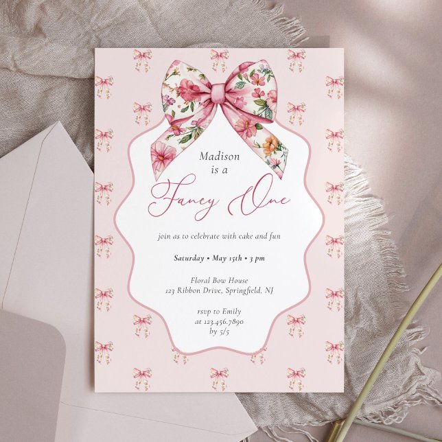 Invitation Fancy One Rose Floral Bow 1er anniversaire (Créateur téléchargé)