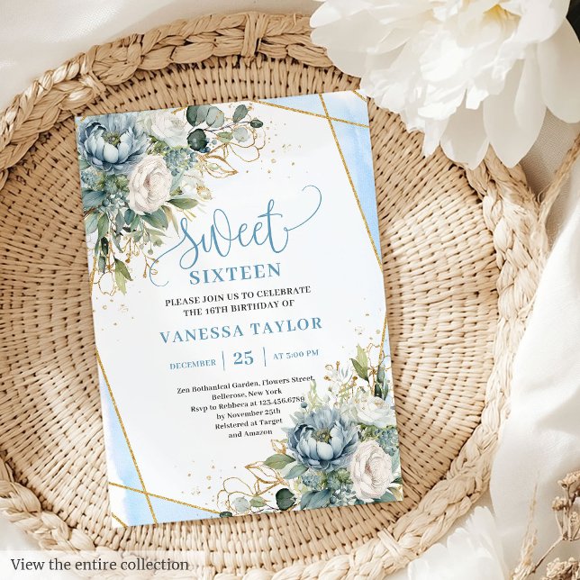 Invitation Fancy Pastel Bleu Blanc Or Sweet sixteen Floral (Fancy Pastel Blue White Gold Floral Sweet 16 Invitation)