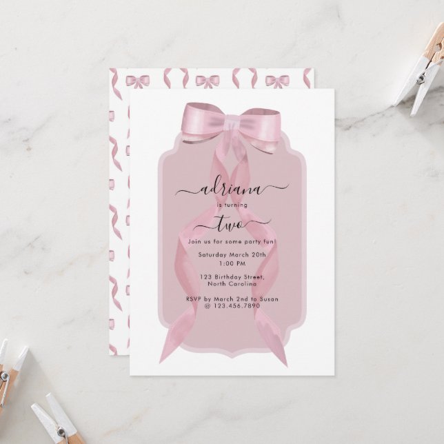 Invitation Fancy Pink Bow Girly Coquette Anniversaire Invitat (Devant/Arrière en situation)