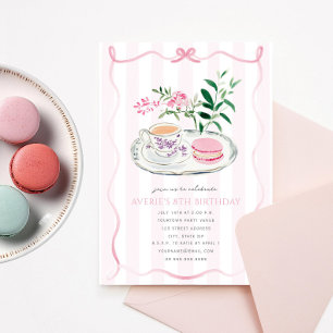 Invitation Fancy Pink Bow Macaron Tea Party Coquette Annivers