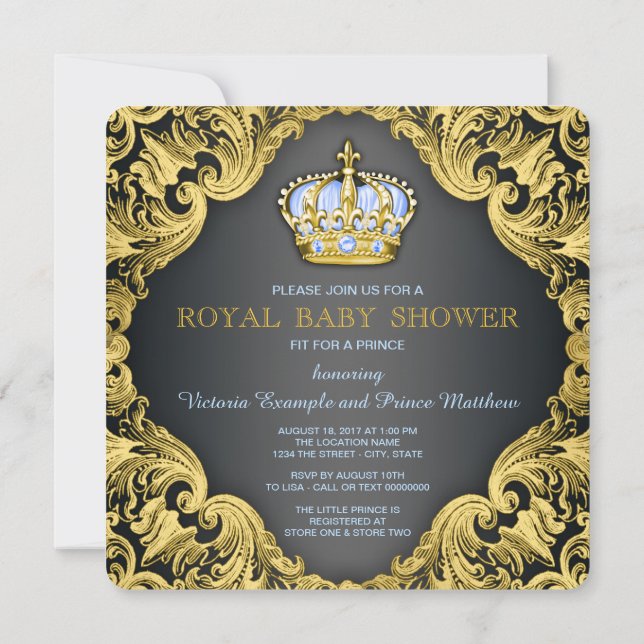 Invitation Fancy Prince Baby Shower Bleu Bébé (Dos)