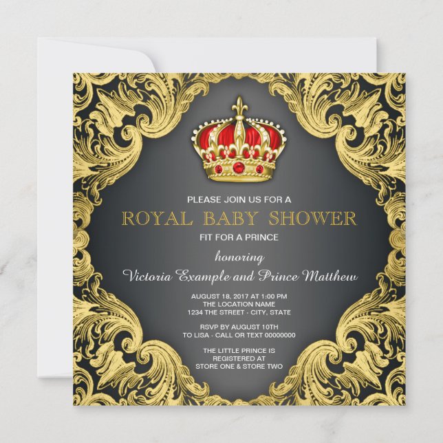 Invitation Fancy Prince Baby Shower Rouge Régale (Dos)