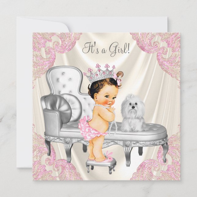 Invitation Fancy Princess Baby Shower Chaise Ivory Rose (Devant)