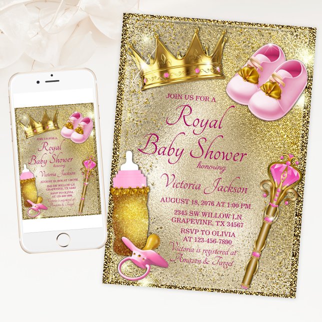Invitation Fancy Princess Rose Gold Baby Shower (Pink gold royal baby shower invitation with cute princess things on a beautiful gold background.)